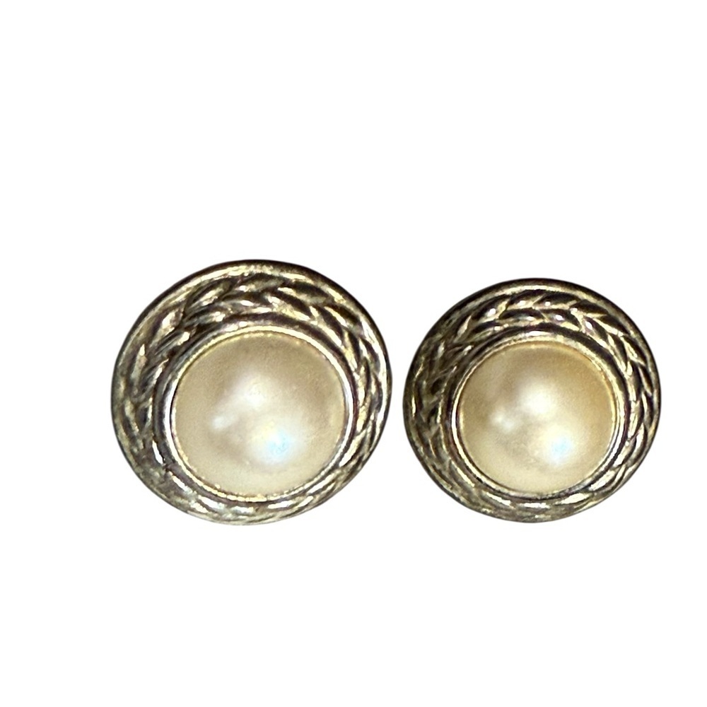 Vintage Faux Pearl Silver Rope Pierced Stud Earrings Classic Round